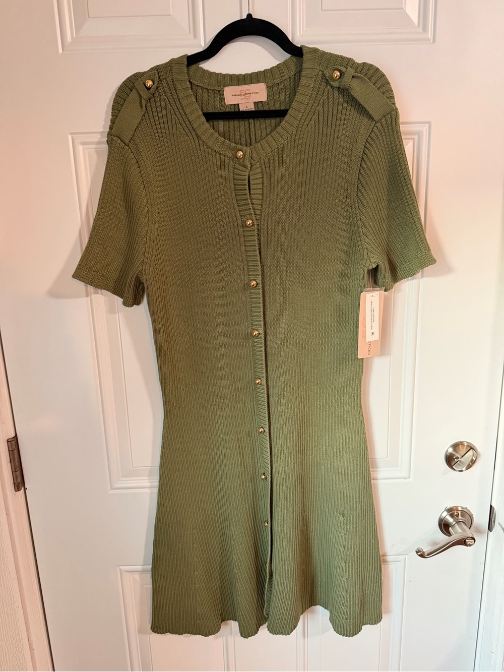 French Connection Olive Green Ribbed Button-Front Midi Dress